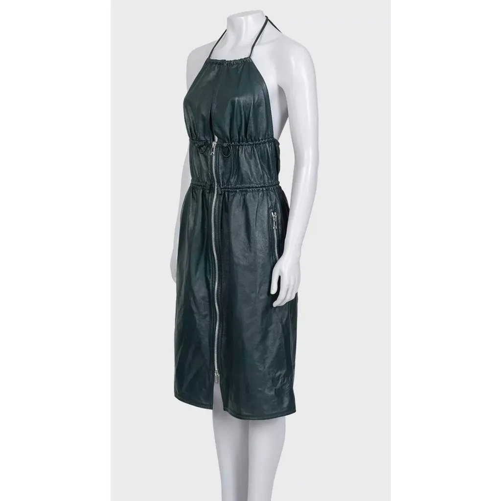 Bottega Veneta Green Leather Fitted Dress Sz.40 Pre-owned Green Leather Good - Back View