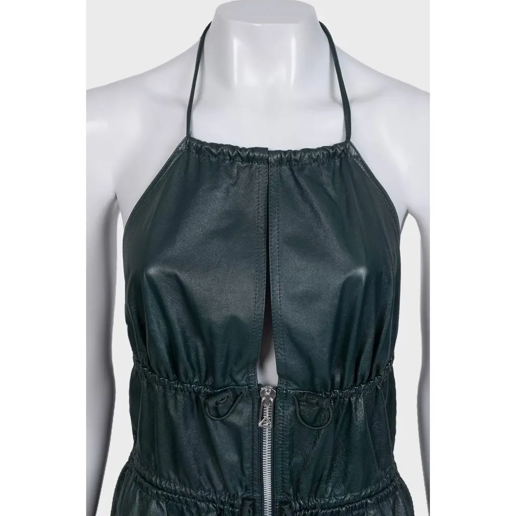 Bottega Veneta Green Leather Fitted Dress Sz.40 Pre-owned Green Leather Good - Model View
