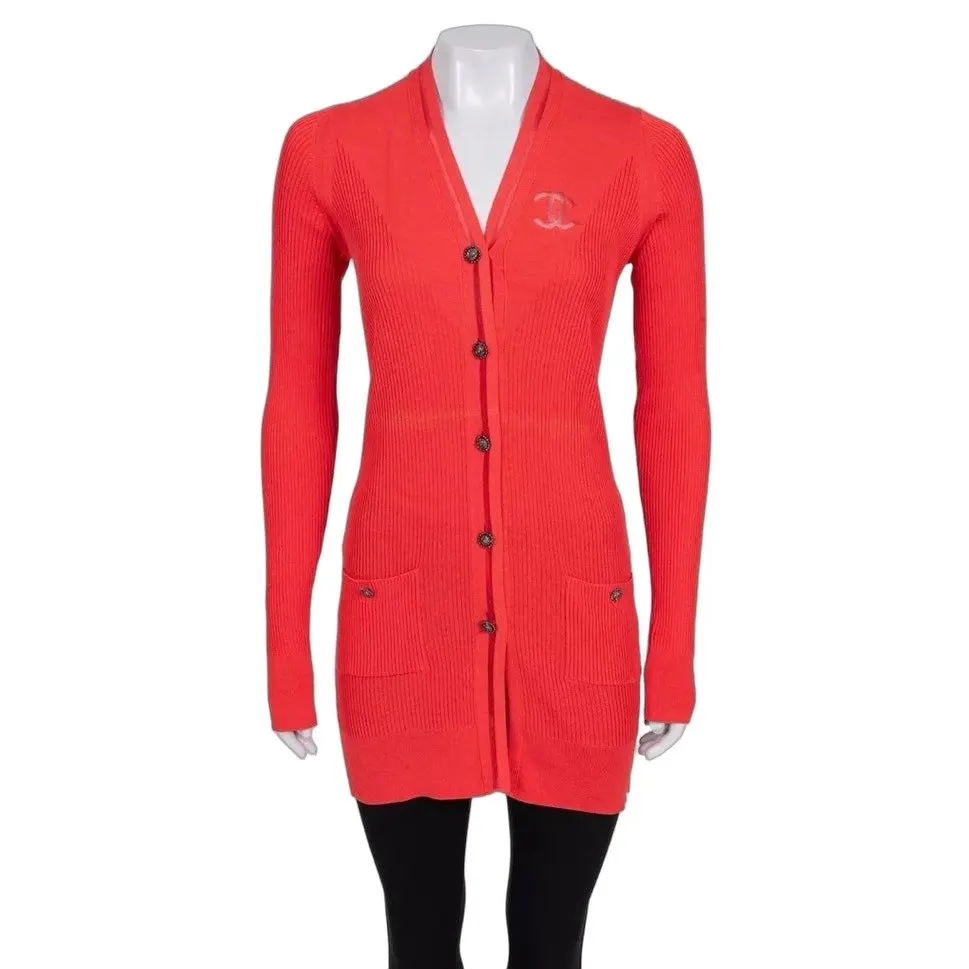 Chanel Red Silk Cotton Blend Fitted Long Cardigan FR 38 M Pre-owned