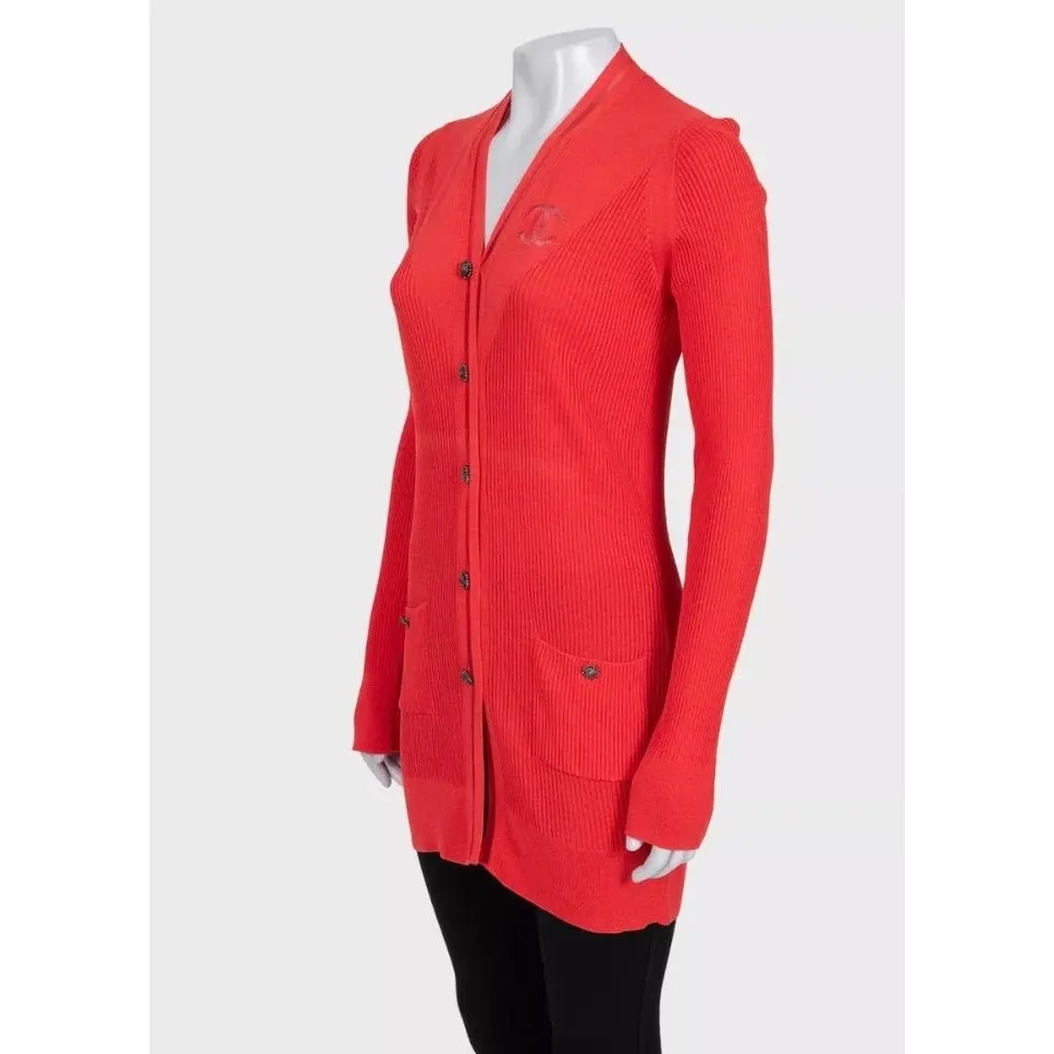 Chanel Red Silk Cotton Blend Fitted Long Cardigan FR 38 M Pre-owned Red Silk Good - Back View