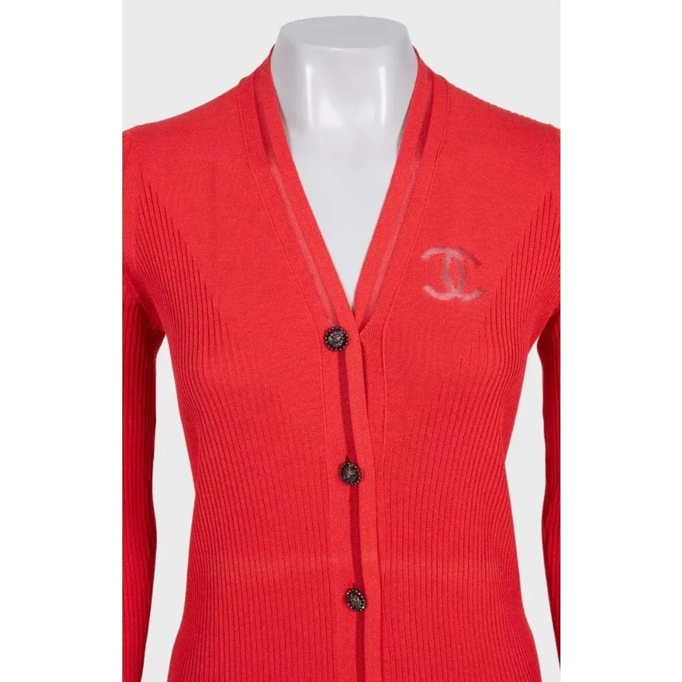 Chanel Red Silk Cotton Blend Fitted Long Cardigan FR 38 M Pre-owned Red Silk Good - Model View