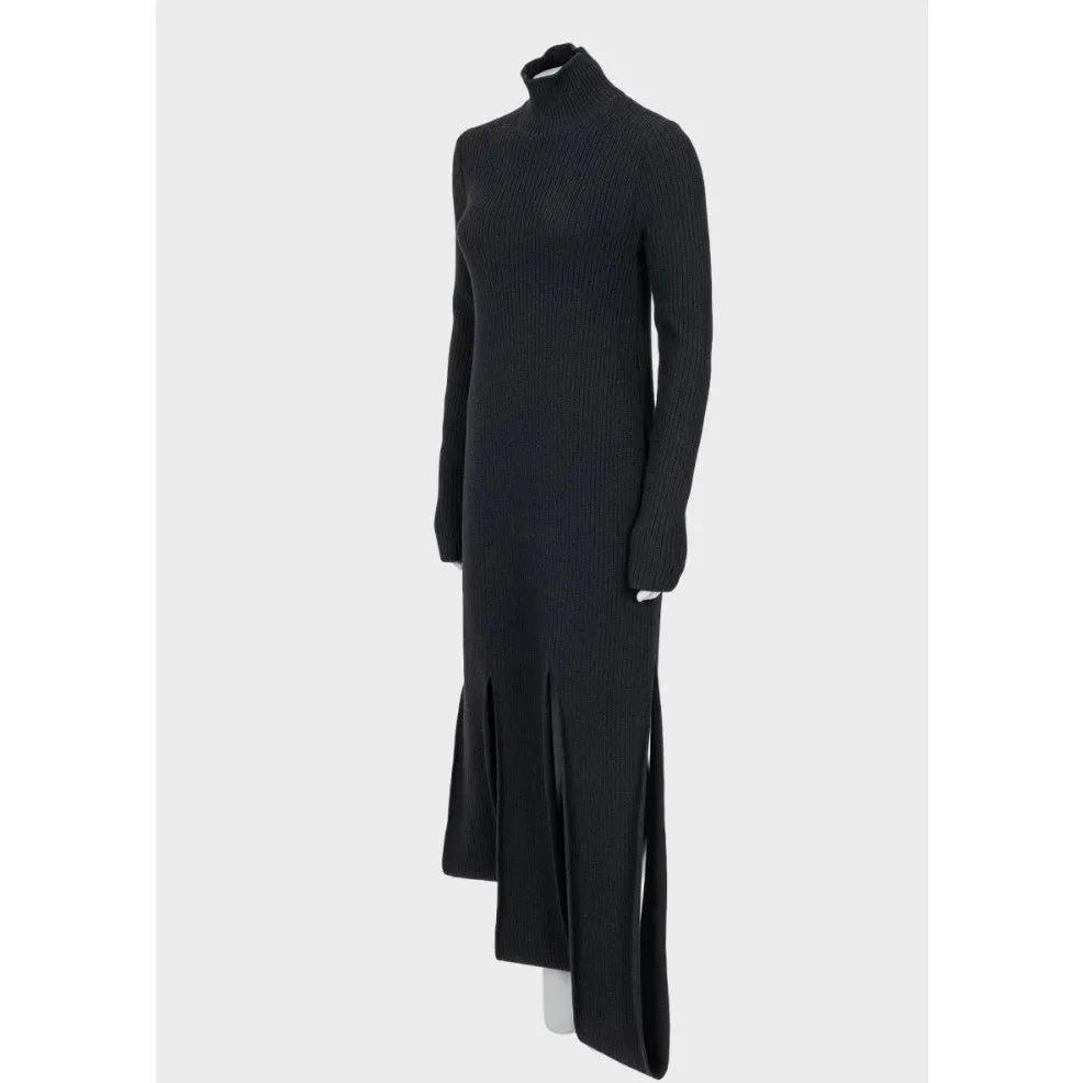 Bottega Veneta Black Asymmetric Wool Maxi Dress Size L pre-owned Black Wool Good - Back View
