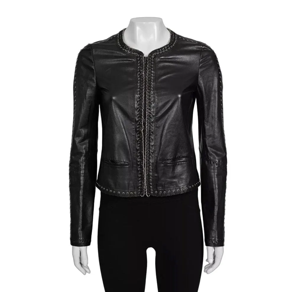 Roberto Cavalli Black Leather Lace-Up Cropped Jacket IT 42/M Pre-owned