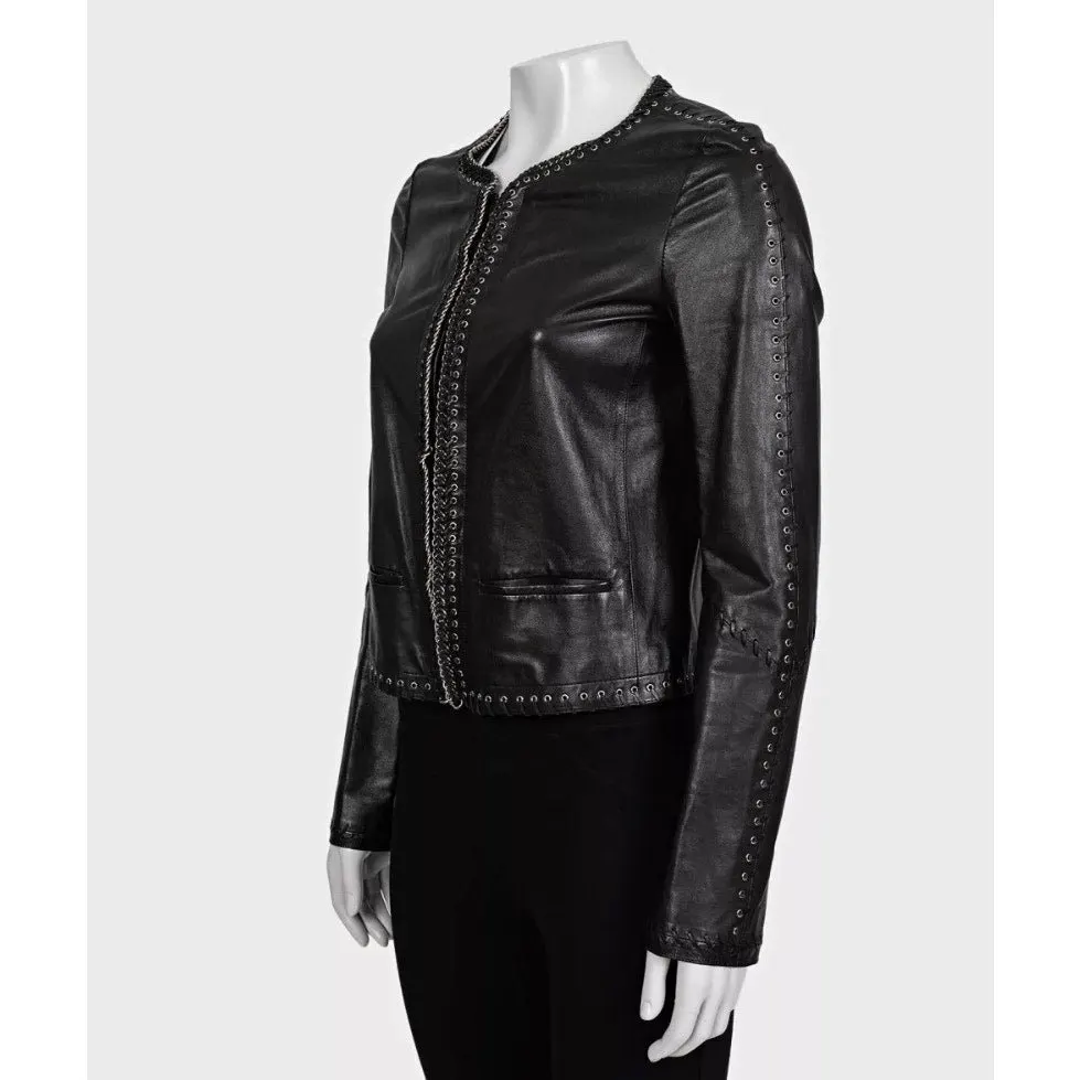 Roberto Cavalli Black Leather Lace-Up Cropped Jacket IT 42/M Pre-owned Black Leather Good - Back View