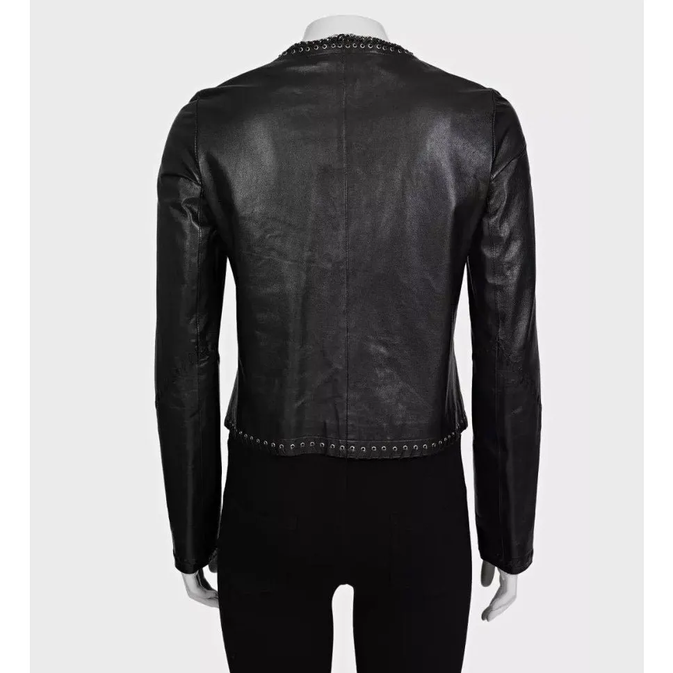 Roberto Cavalli Black Leather Lace-Up Cropped Jacket IT 42/M Pre-owned Black Leather Good - Inside View