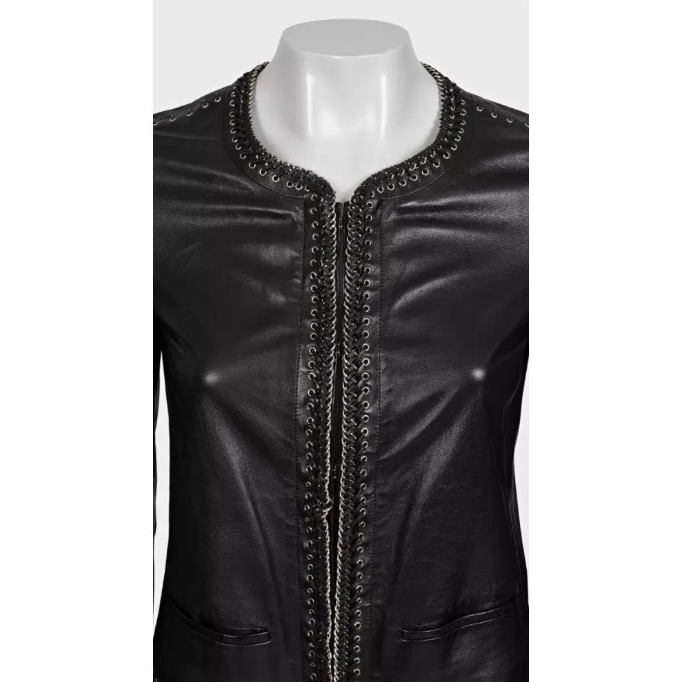 Roberto Cavalli Black Leather Lace-Up Cropped Jacket IT 42/M Pre-owned Black Leather Good - Model View