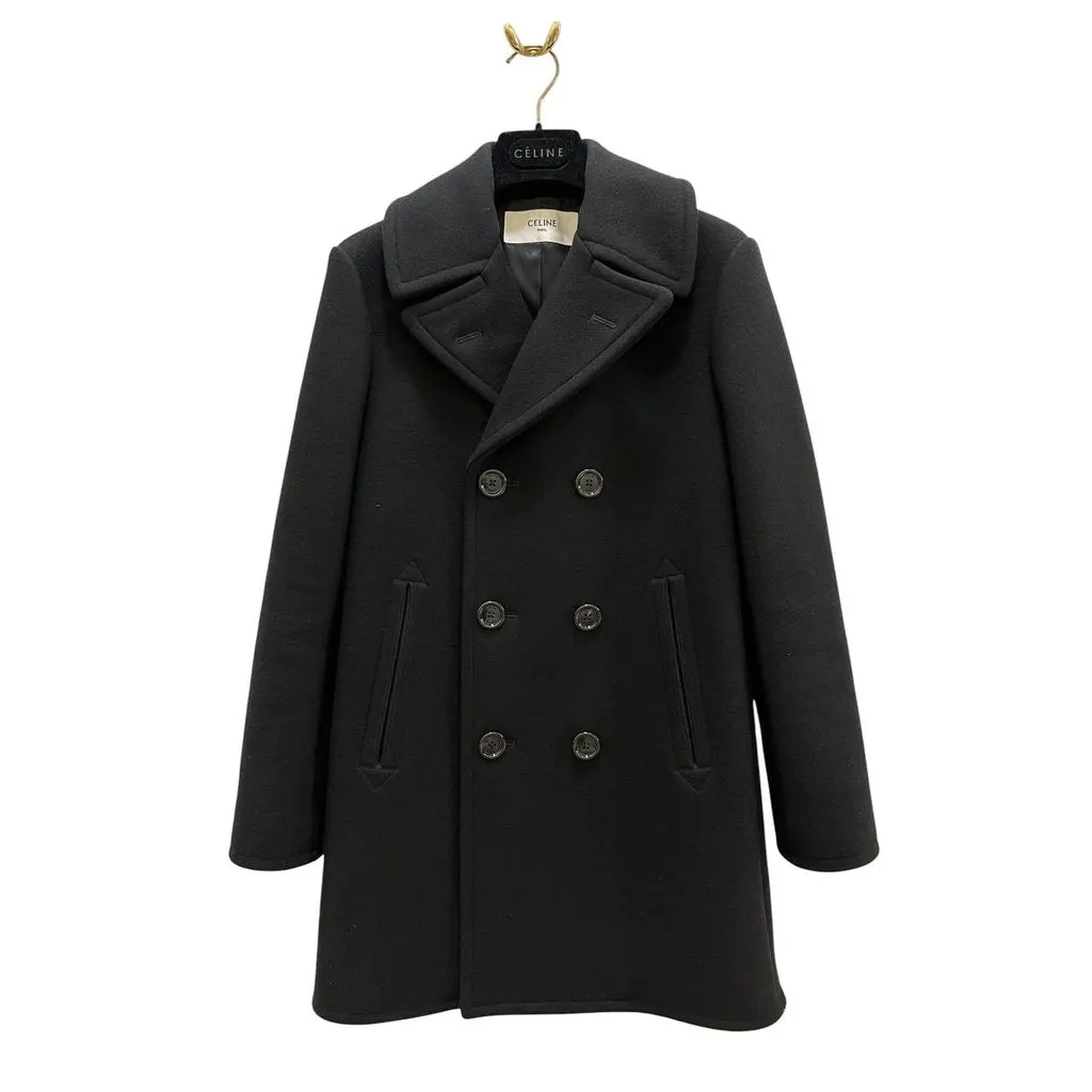 Celine Black Double-Breasted Wool Coat, Size 38 Pre-owned Black Wool Good - Model View