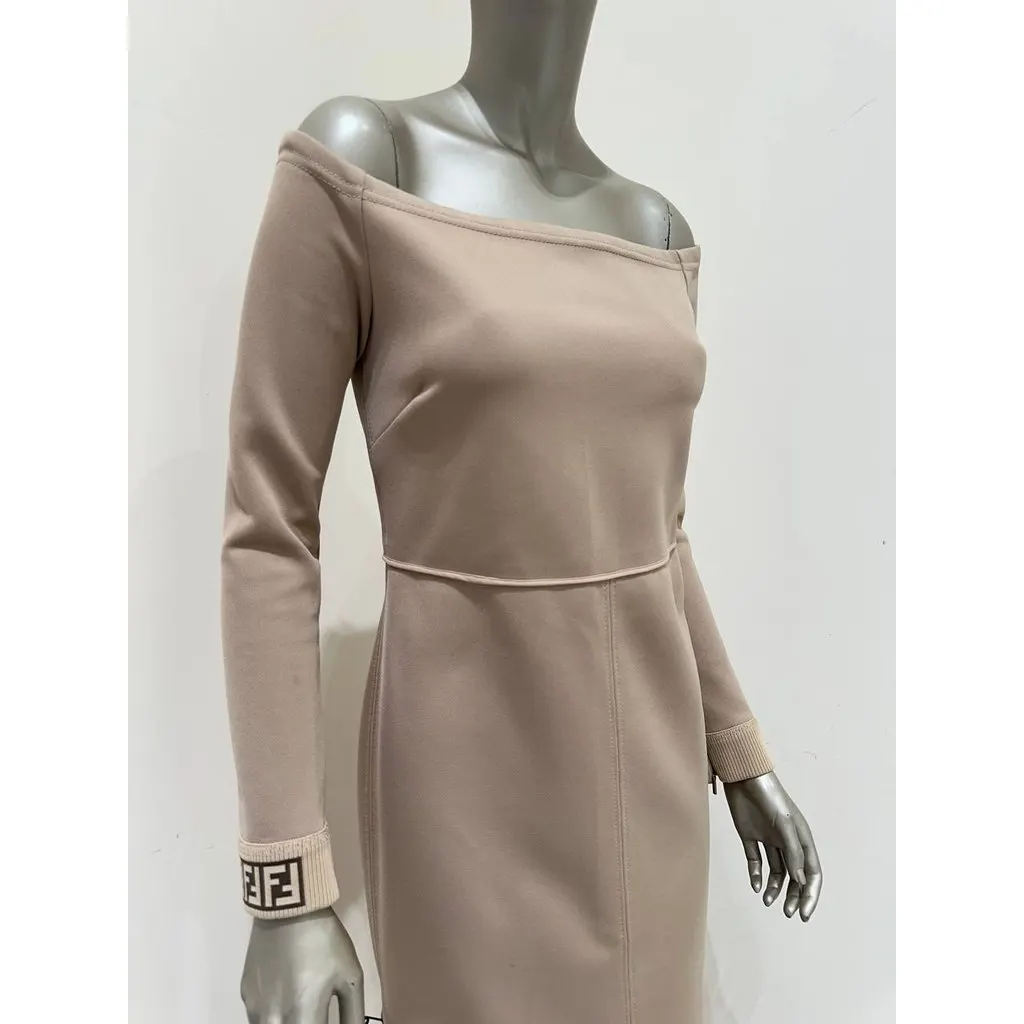 Fendi 2018 Beige Off-Shoulder Midi Dress Sz.42 Pre-owned Beige Canvas Good - Back View