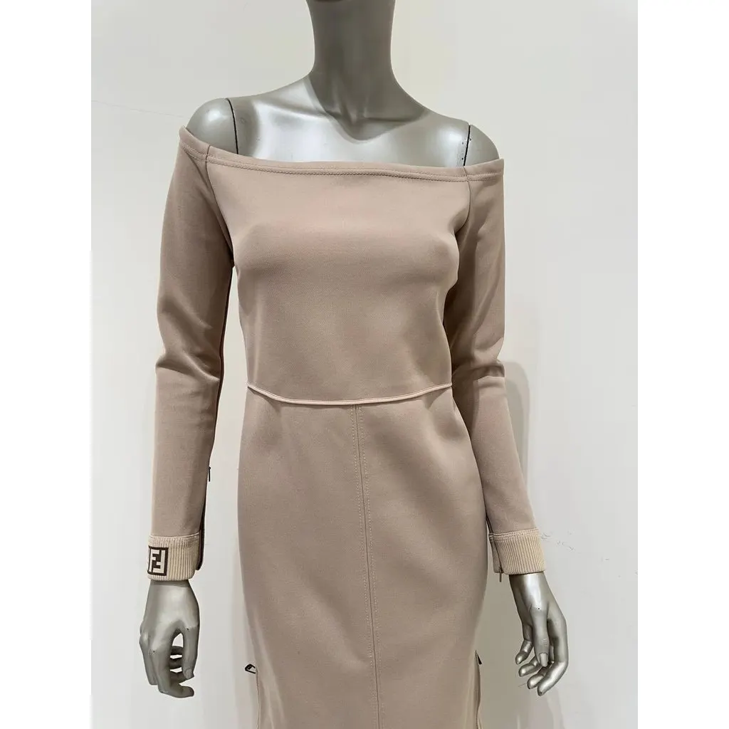 Fendi 2018 Beige Off-Shoulder Midi Dress Sz.42 Pre-owned Beige Canvas Good - Inside View