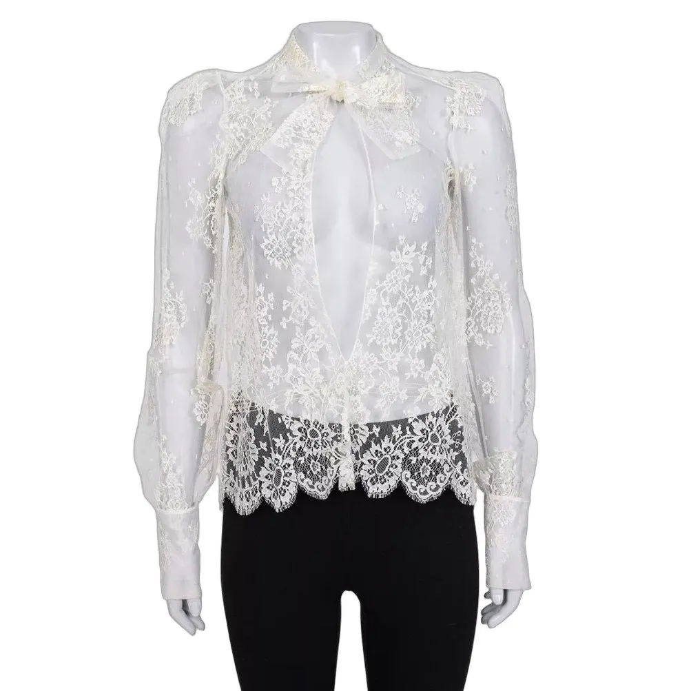 Christian Dior Vintage White Sheer Tie Neck Blouse Long Sleeve S Pre-owned