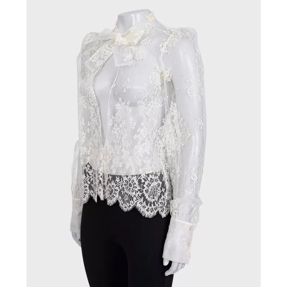 Christian Dior Vintage White Sheer Tie Neck Blouse Long Sleeve S Pre-owned White Never worn - Back View