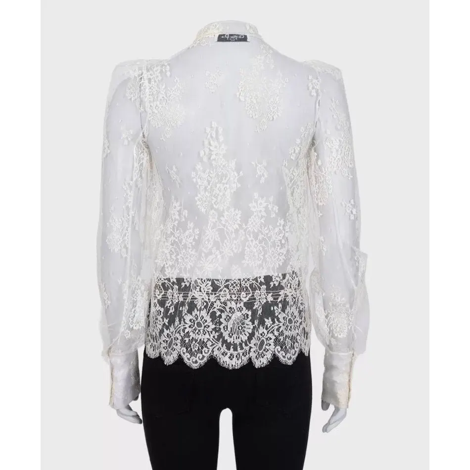 Christian Dior Vintage White Sheer Tie Neck Blouse Long Sleeve S Pre-owned White Never worn - Inside View