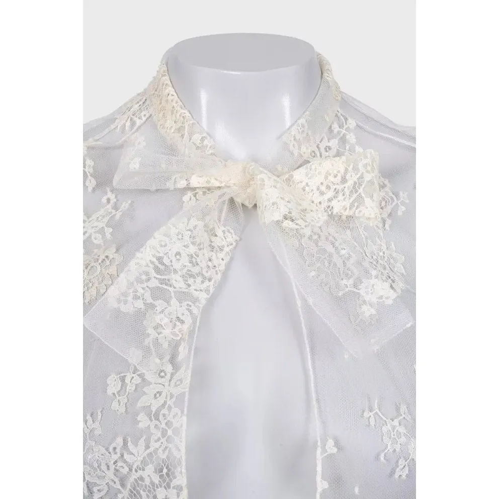 Christian Dior Vintage White Sheer Tie Neck Blouse Long Sleeve S Pre-owned White Never worn - Model View
