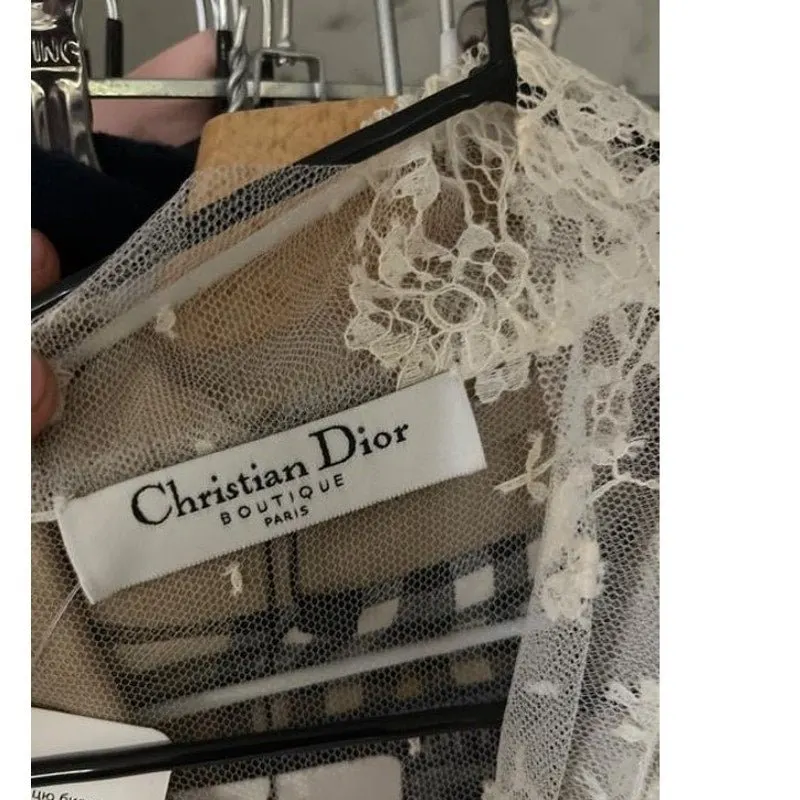 Christian Dior Vintage White Sheer Tie Neck Blouse Long Sleeve S Pre-owned White Never worn - Box View