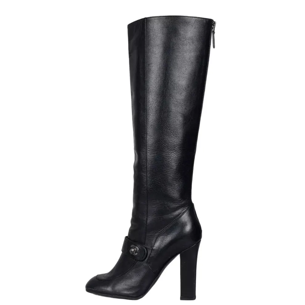 Chanel Black Leather Silver CC Logo Knee High Boots 38.5 Pre-owned