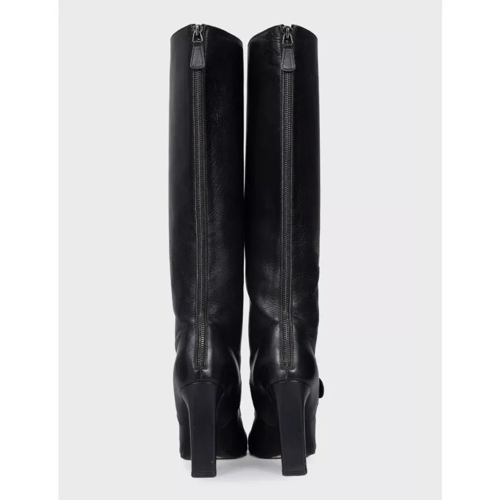 Chanel Black Leather Silver CC Logo Knee High Boots 38.5 Pre-owned Black Leather Good - Model View