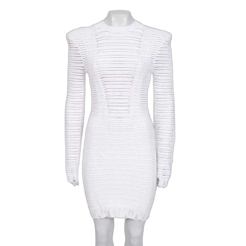 Balmain White Perforated Knit Bodycon Dress Gold Zip Size 36/ S Pre-owned White Cotton Good - Front View
