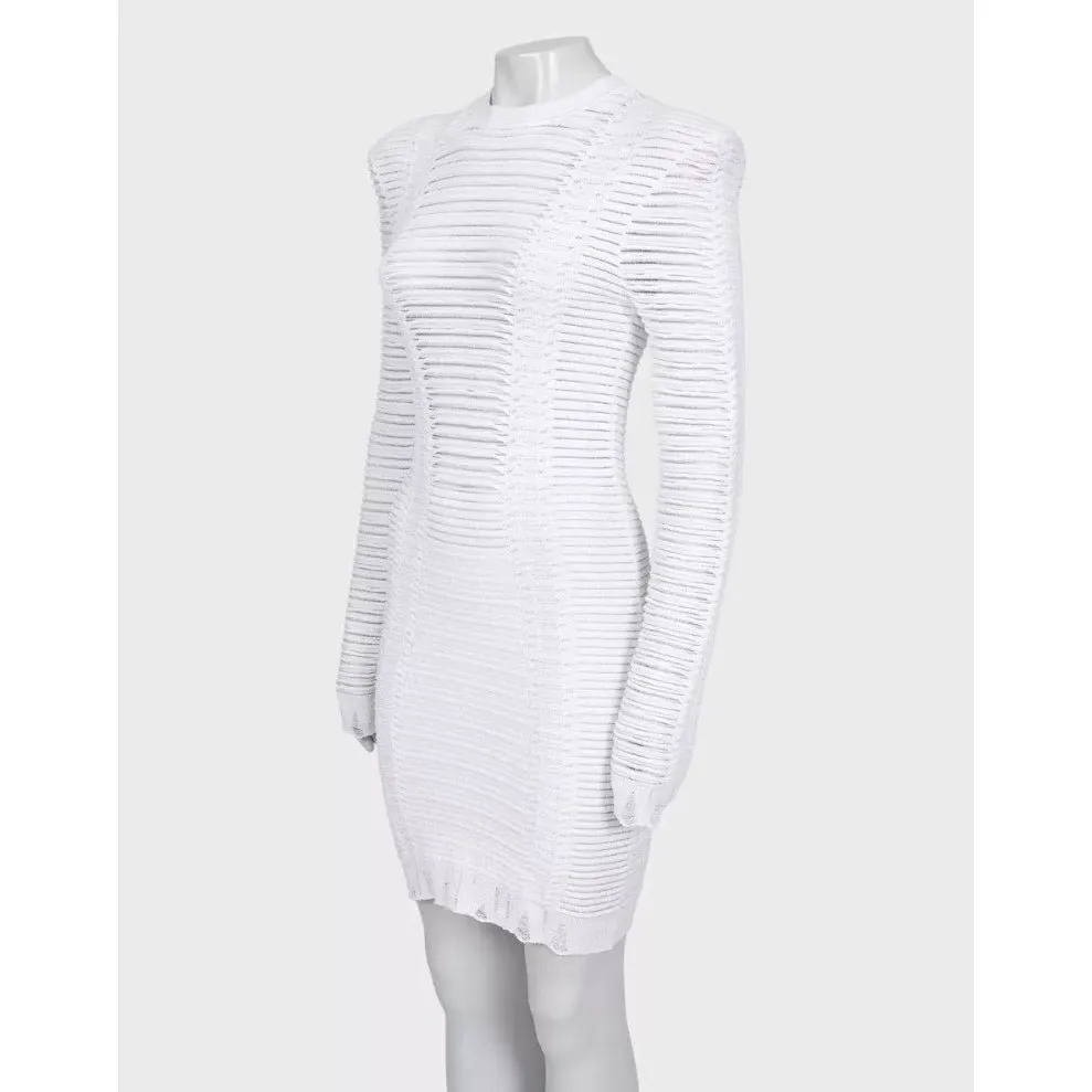 Balmain White Perforated Knit Bodycon Dress Gold Zip Size 36/ S Pre-owned White Cotton Good - Back View
