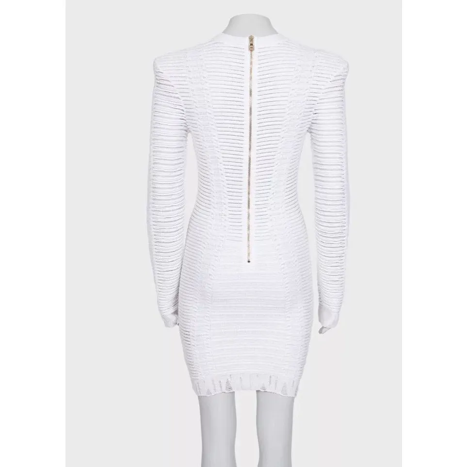 Balmain White Perforated Knit Bodycon Dress Gold Zip Size 36/ S Pre-owned White Cotton Good - Inside View