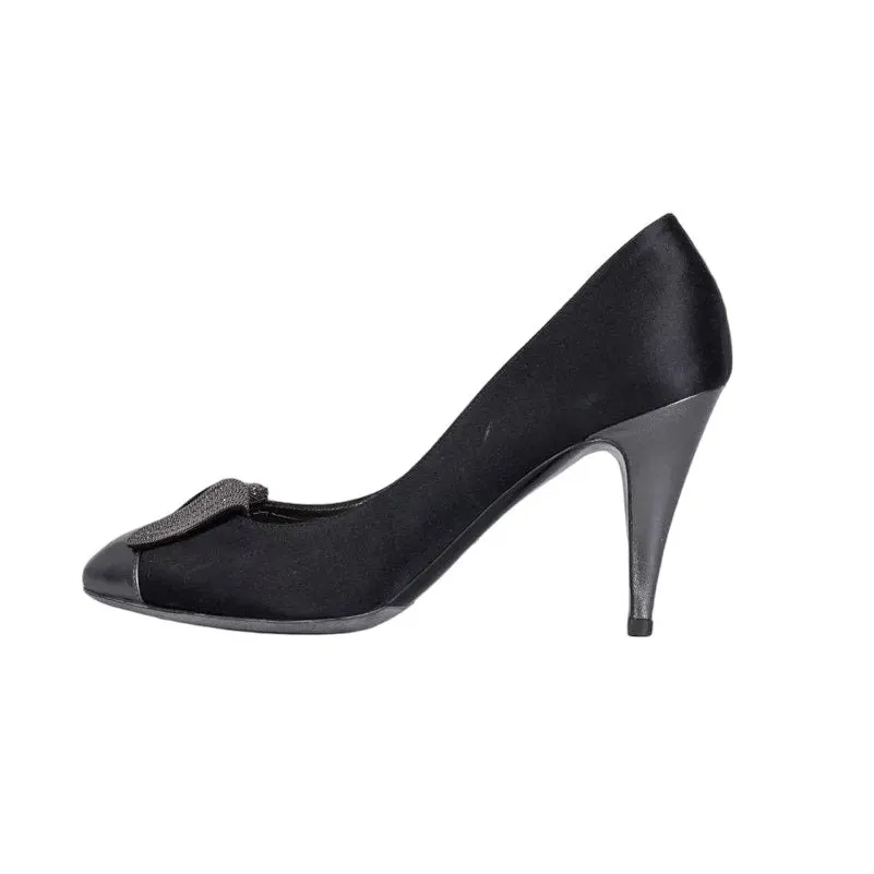 Chanel Black Crystal Embellished Cap Toe Heels Pumps 39 Pre-owned Black Leather Good - Front View