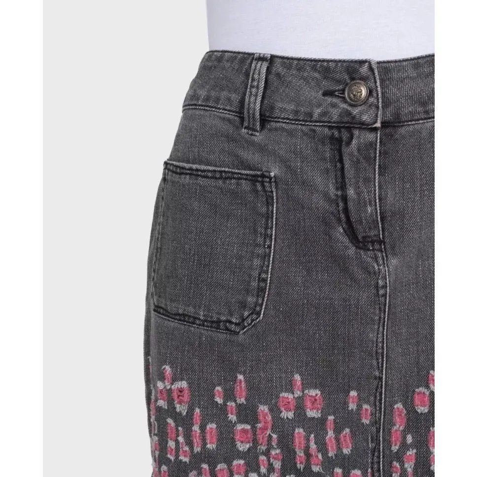 Chanel Gray Distressed Denim Mini Skirt, FR 38 Pre-owned Grey Denim Good - Model View