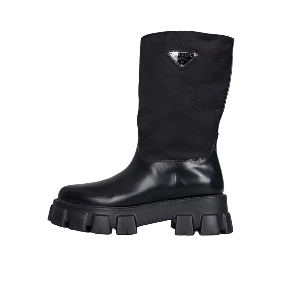Prada Monolith Black Leather Boots with Silver-Tone Logo - EU 39 Pre-owned Black Leather Good - Front View