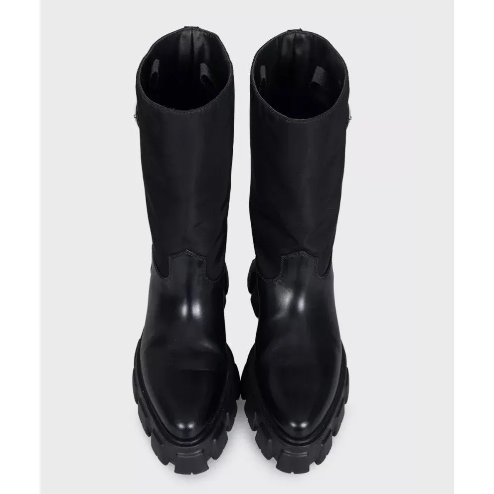 Prada Monolith Black Leather Boots with Silver-Tone Logo - EU 39 Pre-owned Black Leather Good - Back View