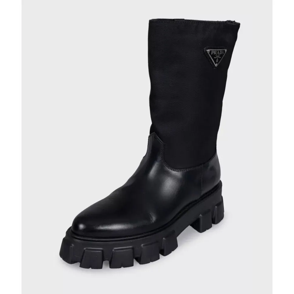 Prada Monolith Black Leather Boots with Silver-Tone Logo - EU 39 Pre-owned Black Leather Good - Inside View