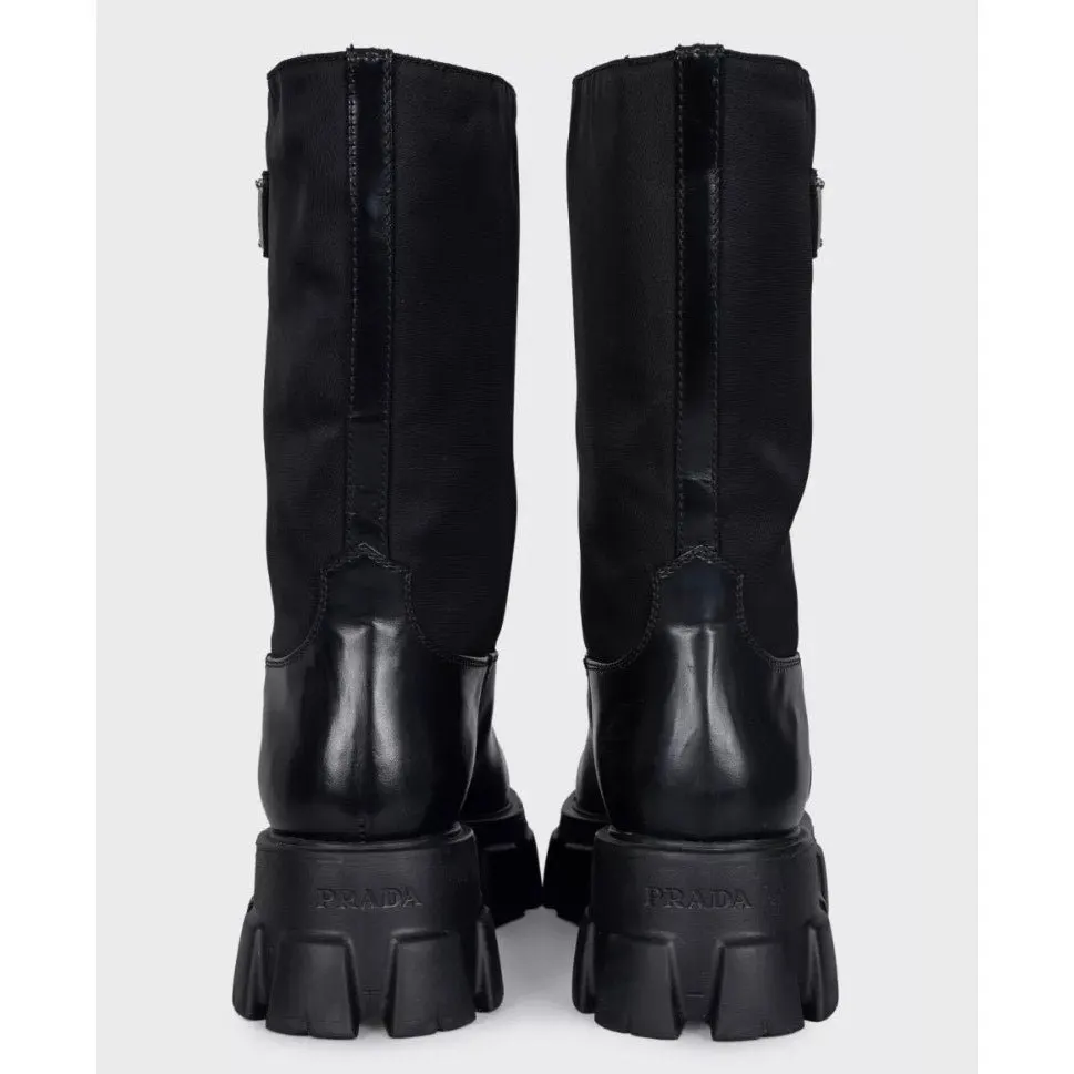 Prada Monolith Black Leather Boots with Silver-Tone Logo - EU 39 Pre-owned Black Leather Good - Box View