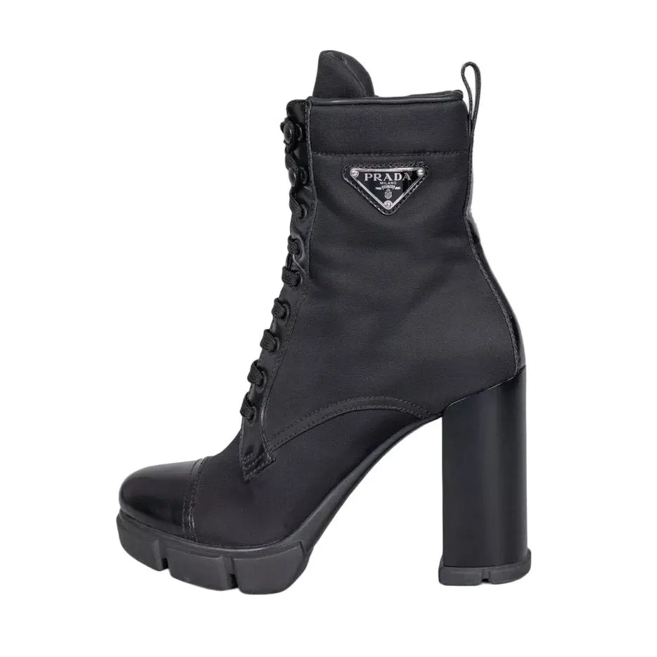 Prada Black Re-Nylon & Leather Ankle Boots Logo High Heel EU 38 Pre-owned Black Good - Front View