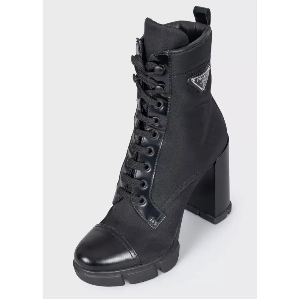 Prada Black Re-Nylon & Leather Ankle Boots Logo High Heel EU 38 Pre-owned Black Good - Inside View