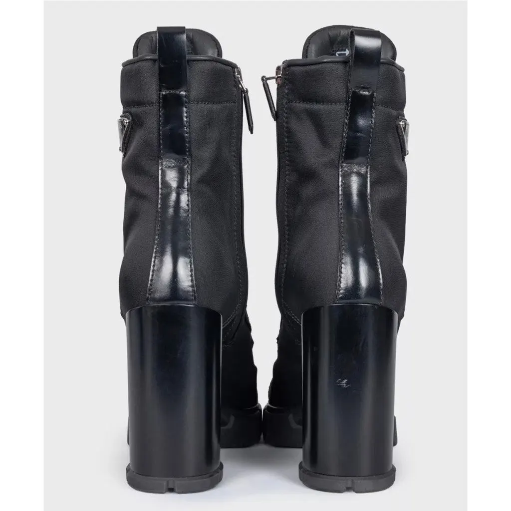 Prada Black Re-Nylon & Leather Ankle Boots Logo High Heel EU 38 Pre-owned Black Good - Model View