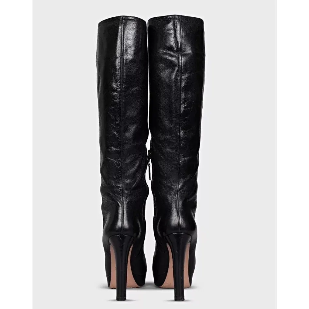 Prada Black Leather Knee-High Boots — EU 38 Pre-owned Black Leather Good - Model View