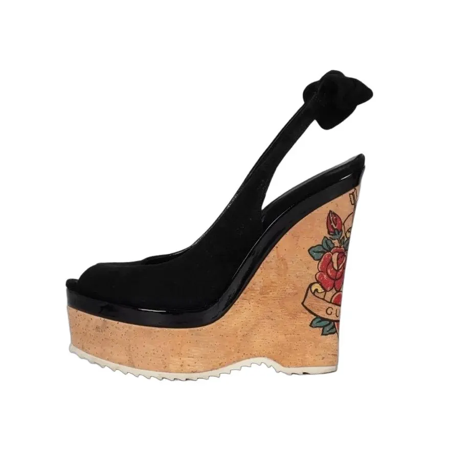 Gucci Black Suede Printed Wedge Sandals - EU 35 Pre-owned Black Suede Good - Front View