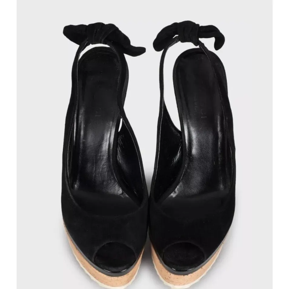 Gucci Black Suede Printed Wedge Sandals - EU 35 Pre-owned Black Suede Good - Back View