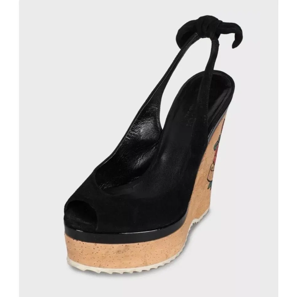 Gucci Black Suede Printed Wedge Sandals - EU 35 Pre-owned Black Suede Good - Inside View