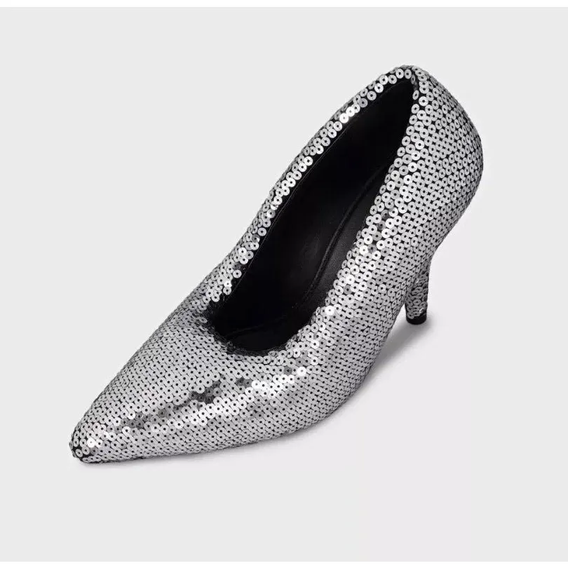 Balenciaga Gray Sequin Pointed Toe Pumps Sz.39 Pre-owned Grey Leather Good - Back View