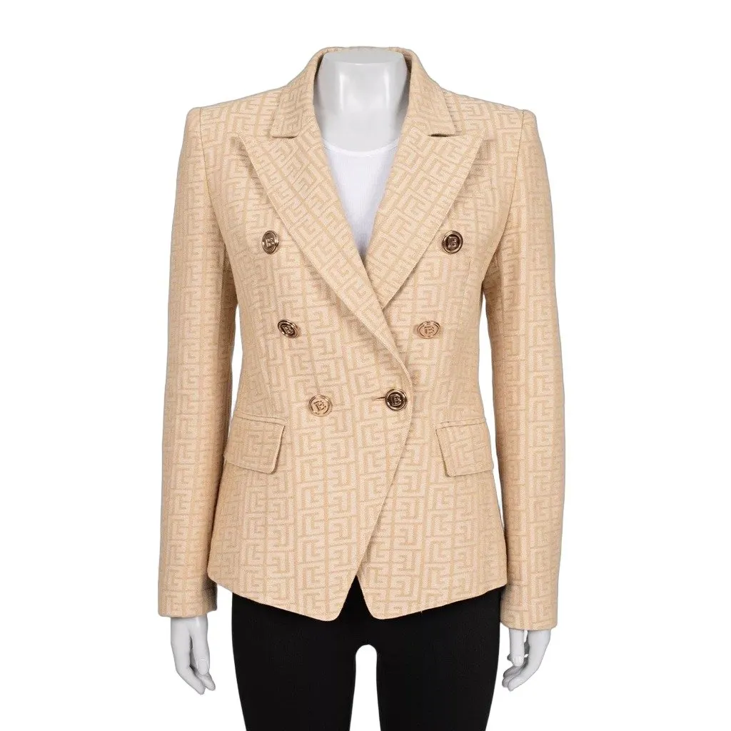 Balmain NWOT Balmain Beige Signature Print Fitted Jacket Sz.42 Pre-owned