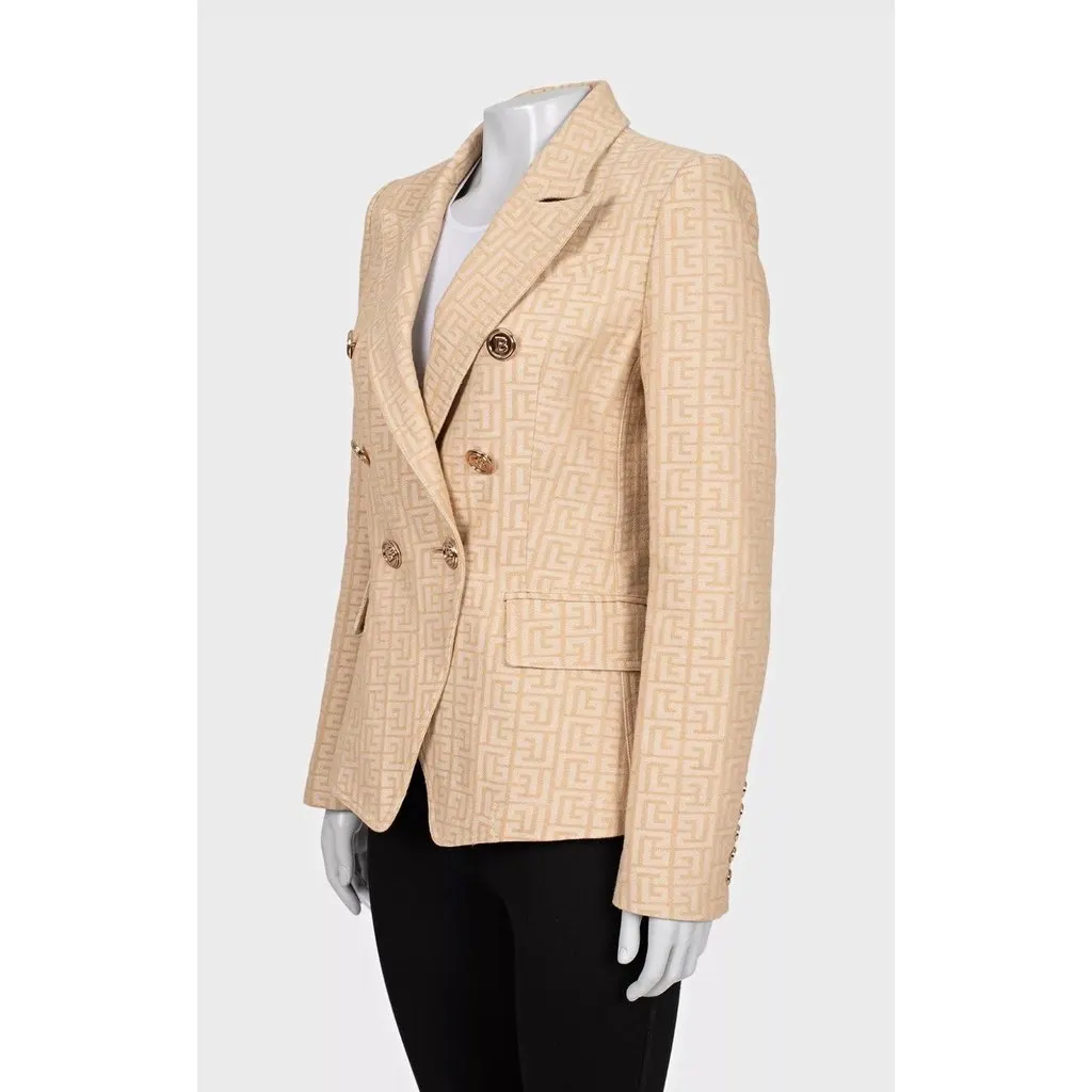 Balmain NWOT Balmain Beige Signature Print Fitted Jacket Sz.42 Pre-owned Beige Cotton Good - Back View