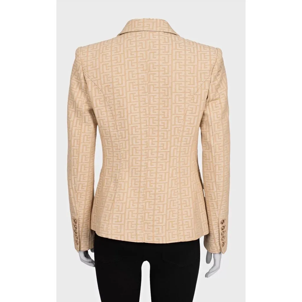 Balmain NWOT Balmain Beige Signature Print Fitted Jacket Sz.42 Pre-owned Beige Cotton Good - Inside View
