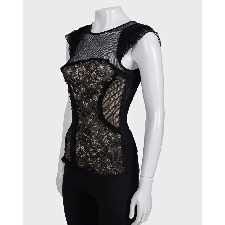 Valentino Black Lace-Insert Fitted Top - Size S Pre-owned Black Lace Good - Back View