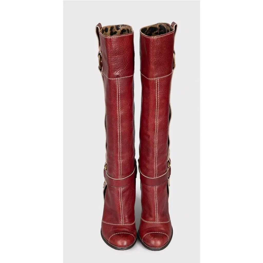 Dolce & Gabbana Red Leather Boots Round Toe Stacked Heel EU 37.5 Pre-owned Red Leather Good - Back View