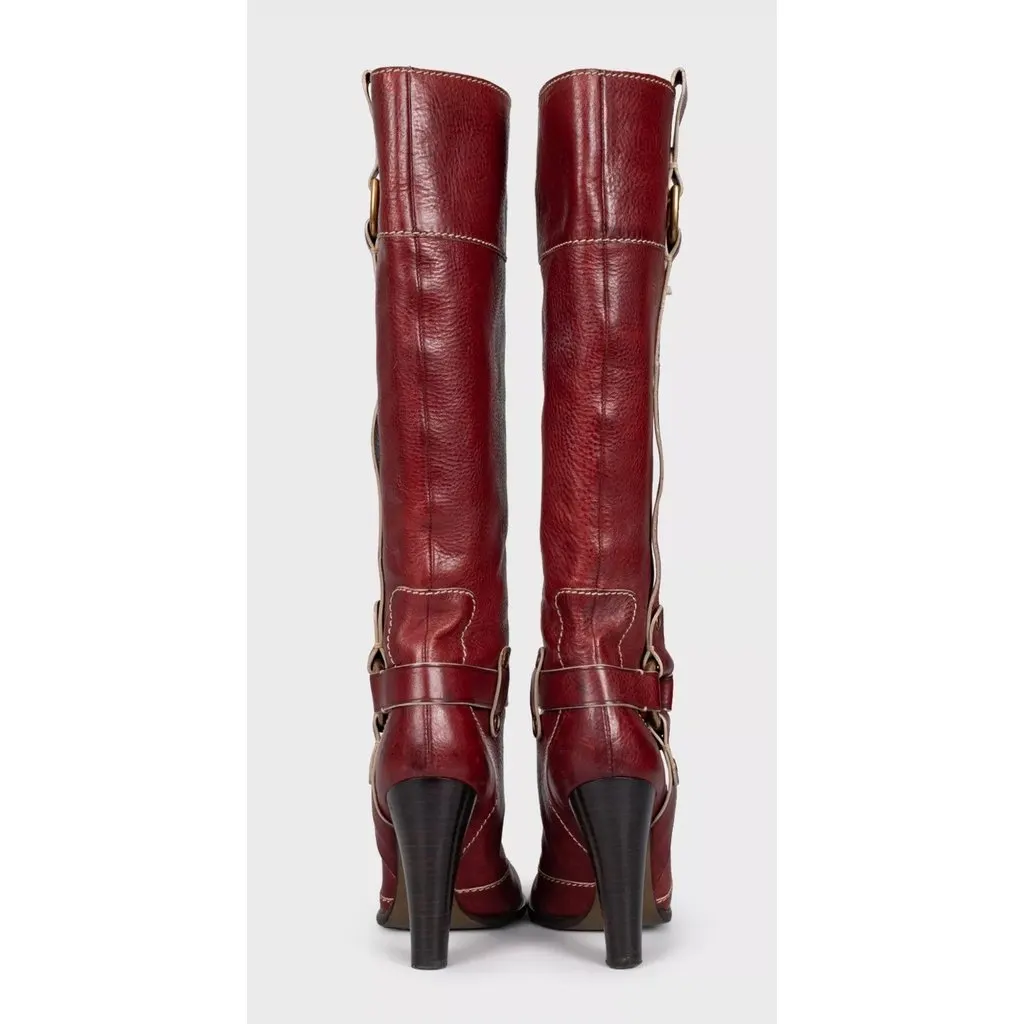Dolce & Gabbana Red Leather Boots Round Toe Stacked Heel EU 37.5 Pre-owned Red Leather Good - Model View