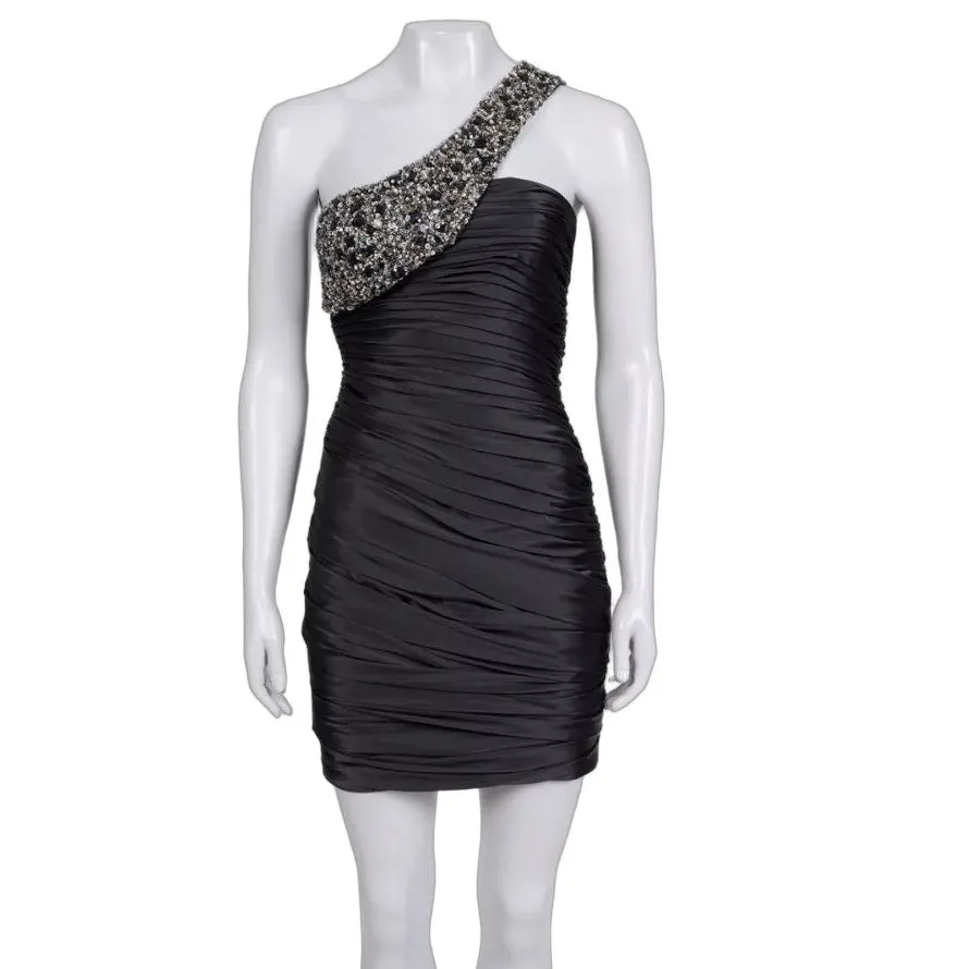 Unsigned NWOT Mandalay Black Satin Asymmetrical Mini Dress Sz.4 Pre-owned