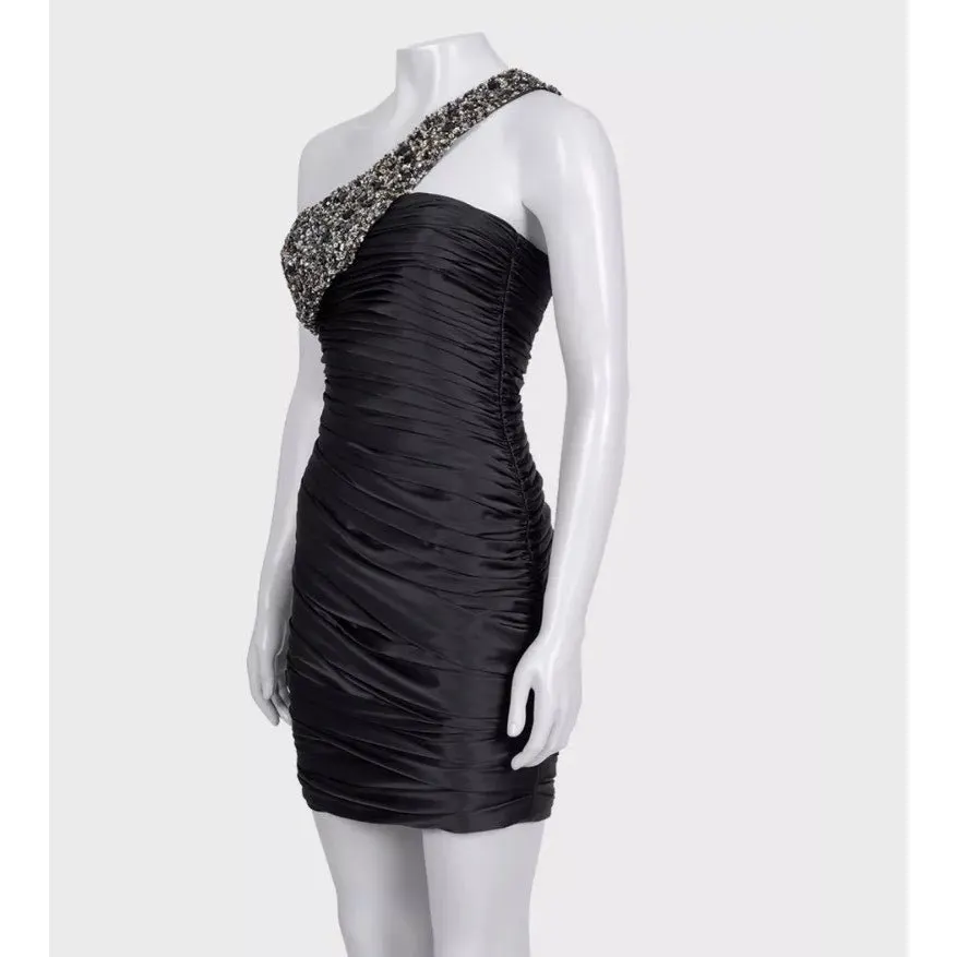Unsigned NWOT Mandalay Black Satin Asymmetrical Mini Dress Sz.4 Pre-owned Black Satin Never worn - Back View