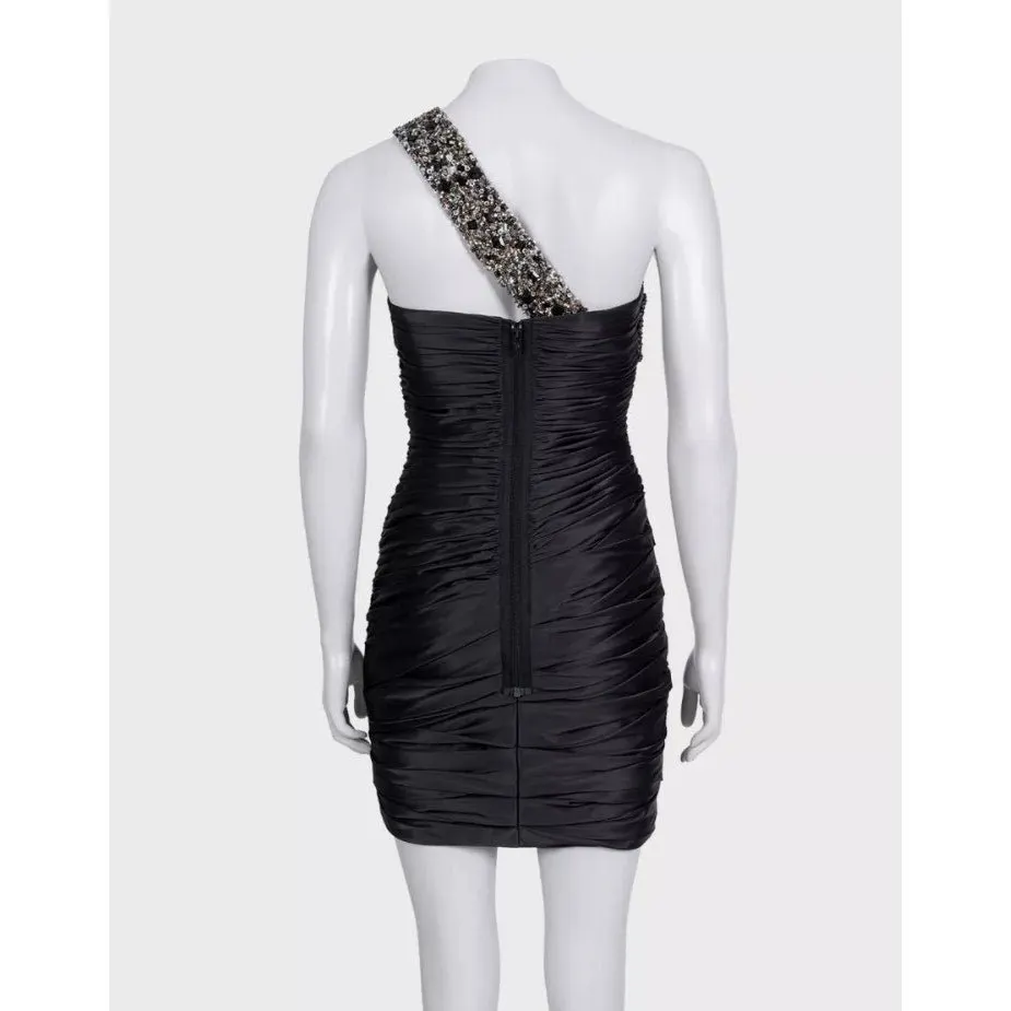 Unsigned NWOT Mandalay Black Satin Asymmetrical Mini Dress Sz.4 Pre-owned Black Satin Never worn - Inside View