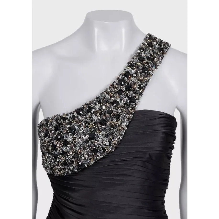 Unsigned NWOT Mandalay Black Satin Asymmetrical Mini Dress Sz.4 Pre-owned Black Satin Never worn - Model View