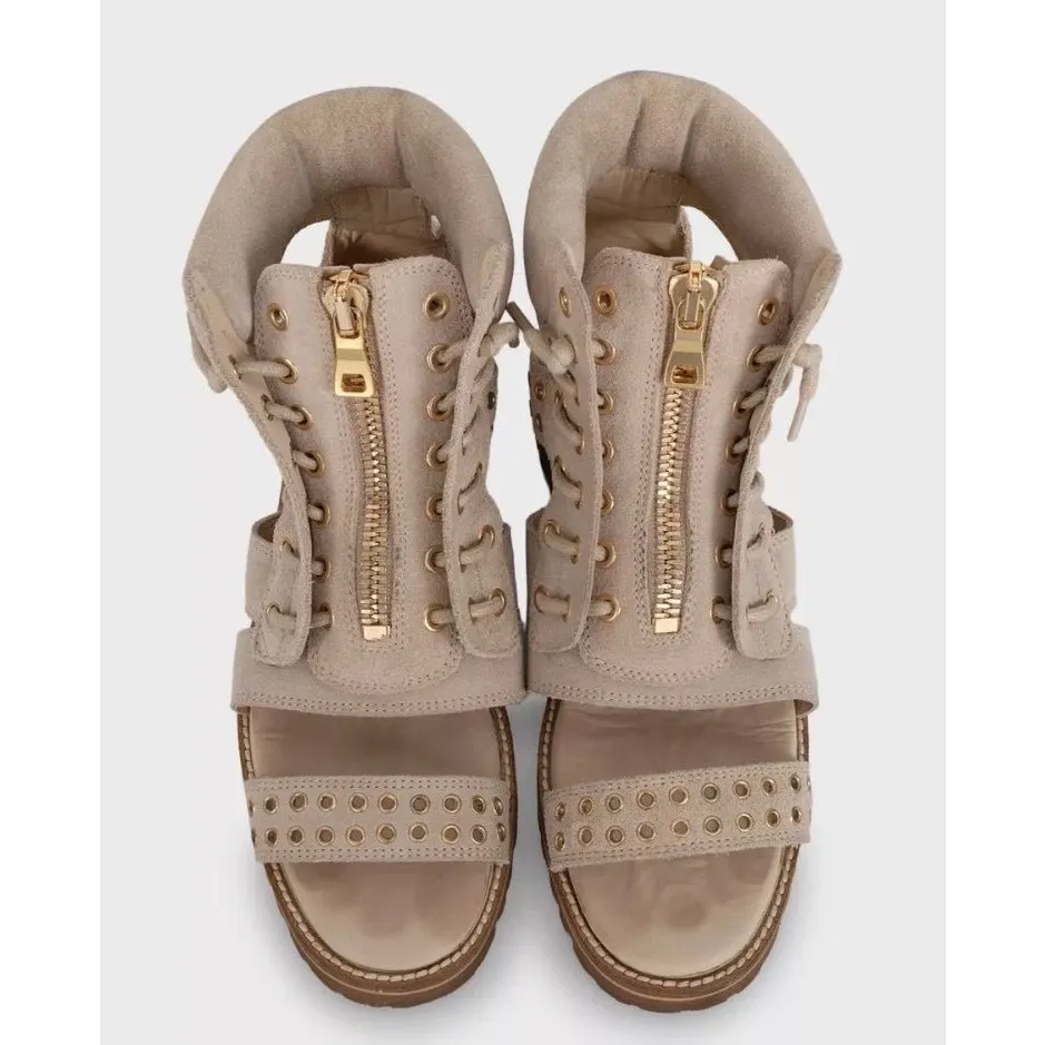 Balmain Beige Suede High Heel Sandals w Sz.37.5 Pre-owned Beige Suede Good - Back View