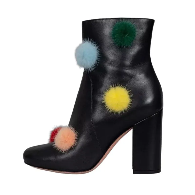 Fendi NWB Fendi Black Leather Ankle Boots Fur Pompom EU 39.5 Pre-owned Black Leather Never worn - Front View