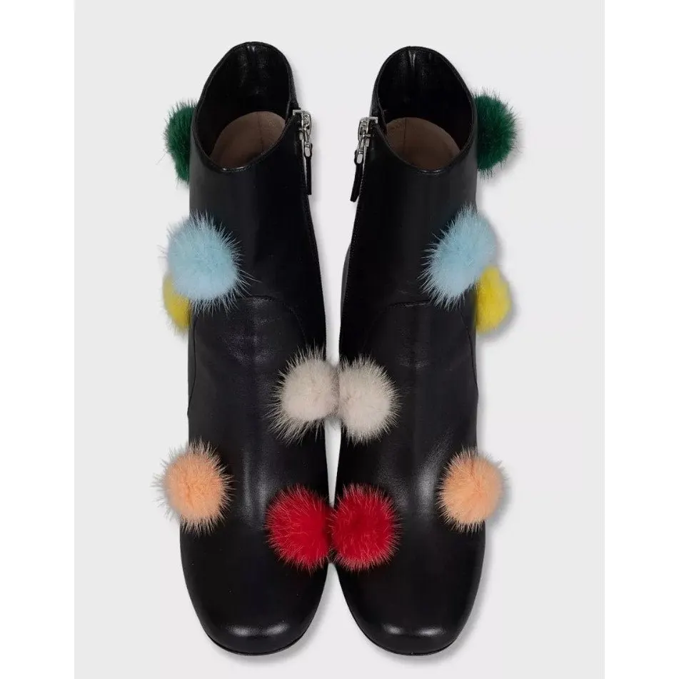 Fendi NWB Fendi Black Leather Ankle Boots Fur Pompom EU 39.5 Pre-owned Black Leather Never worn - Back View